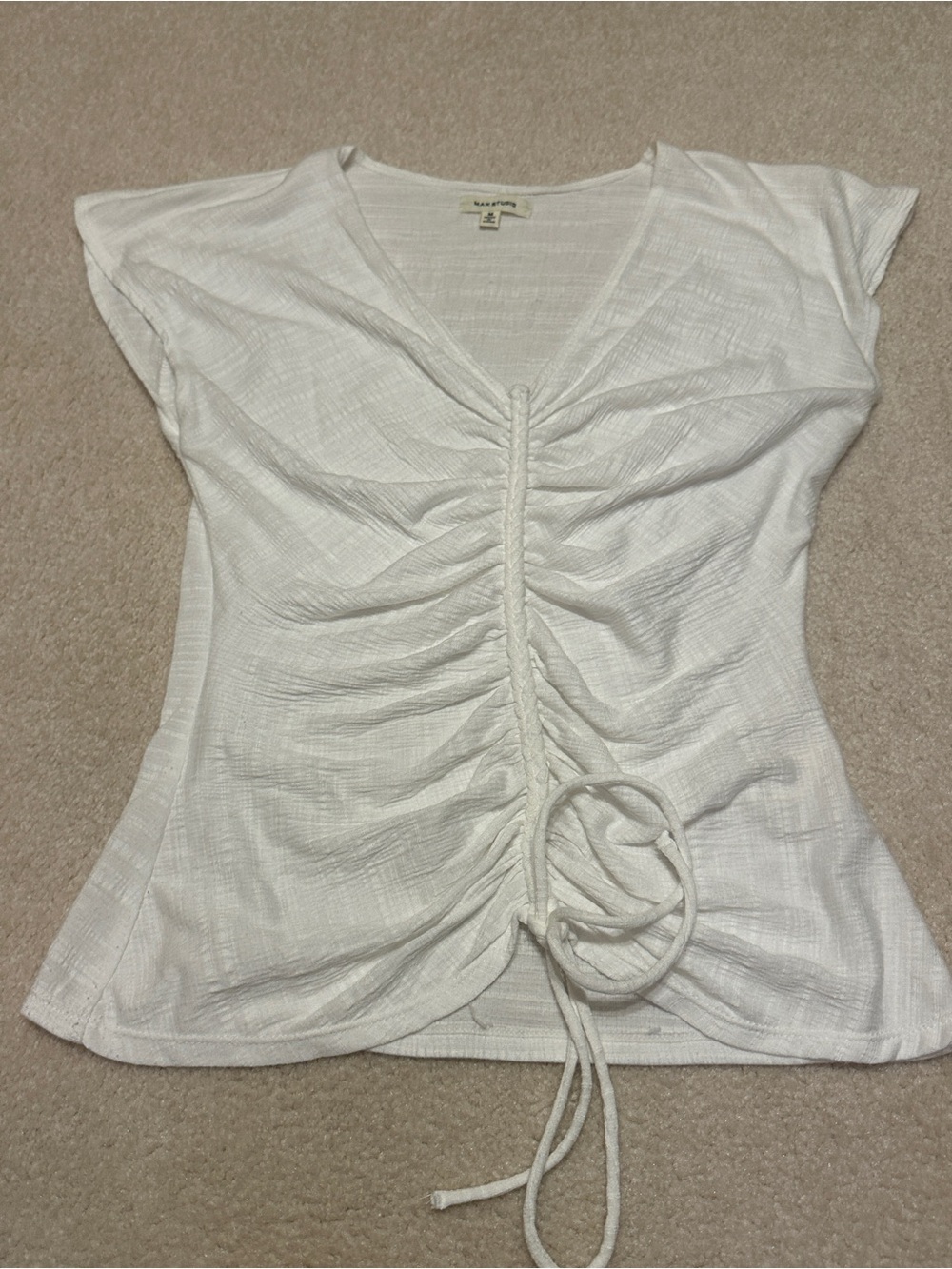 Max Studio White Ruched Tie-Front Short Sleeve Top